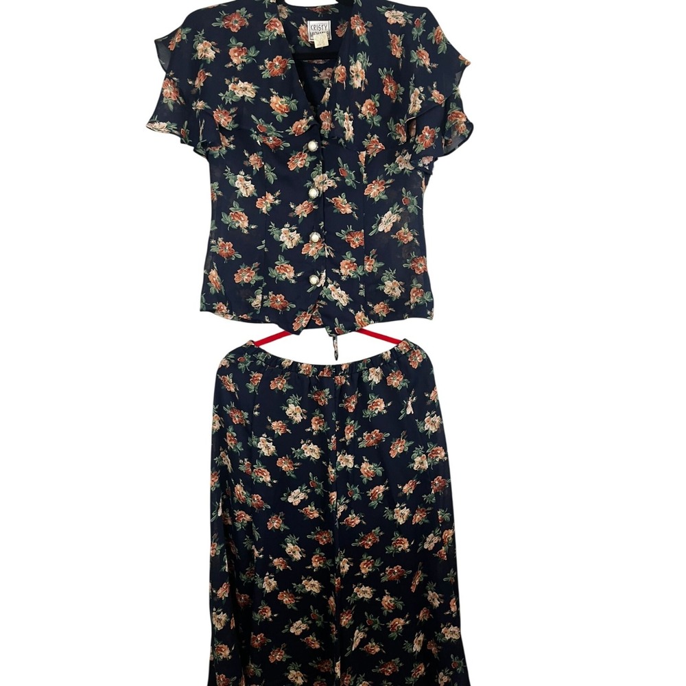 Vintage‎ Floral Skirt Set Blue 12 Cottage 80s Peasant Mod Retro Jewels Country